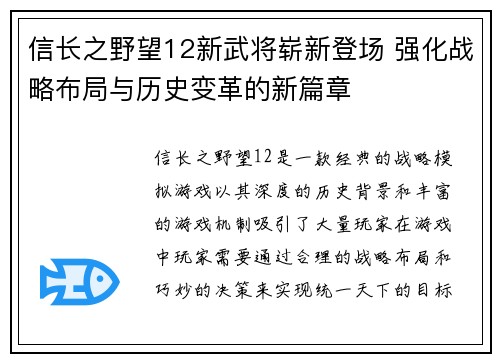 信长之野望12新武将崭新登场 强化战略布局与历史变革的新篇章
